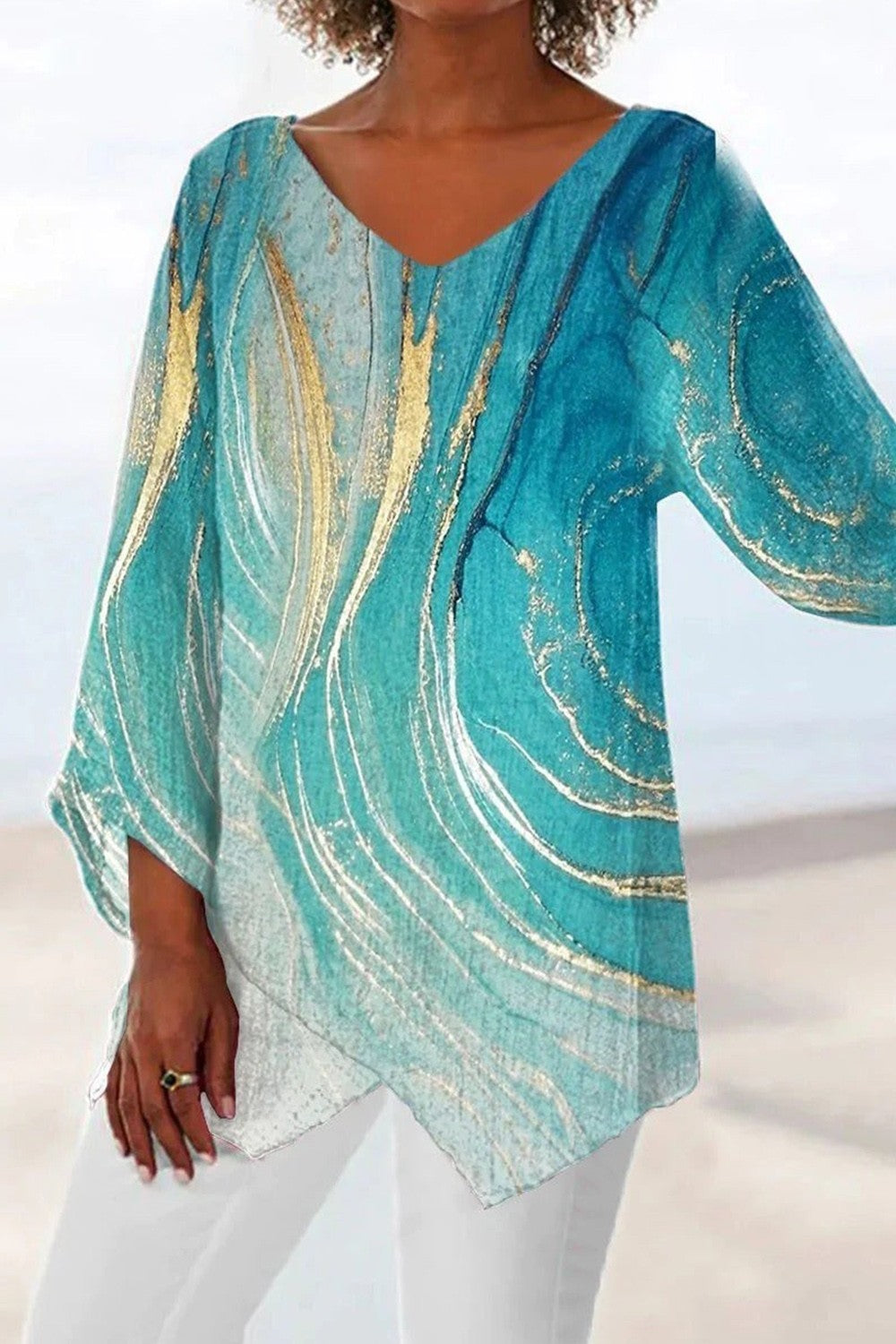 Women’s Blouse – V-Neck – Loose Fit – Irregular Hem – Marble Print – Breathable Blend