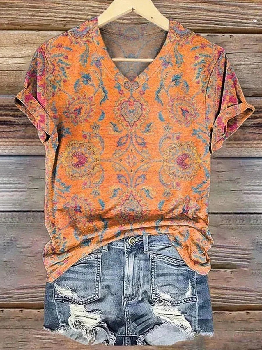 Women’s V-Neck Top – Soft Knit – Relaxed Fit – Rolled Sleeve – Allover Pattern