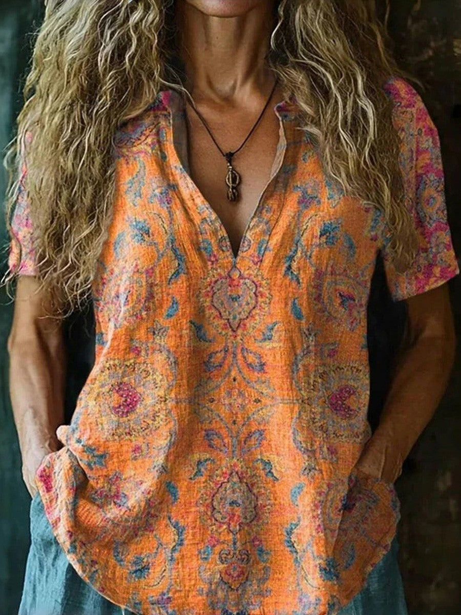 Women’s V-Neck Top – Ethnic Print – Relaxed Fit – Short Sleeve – Breathable Blend
