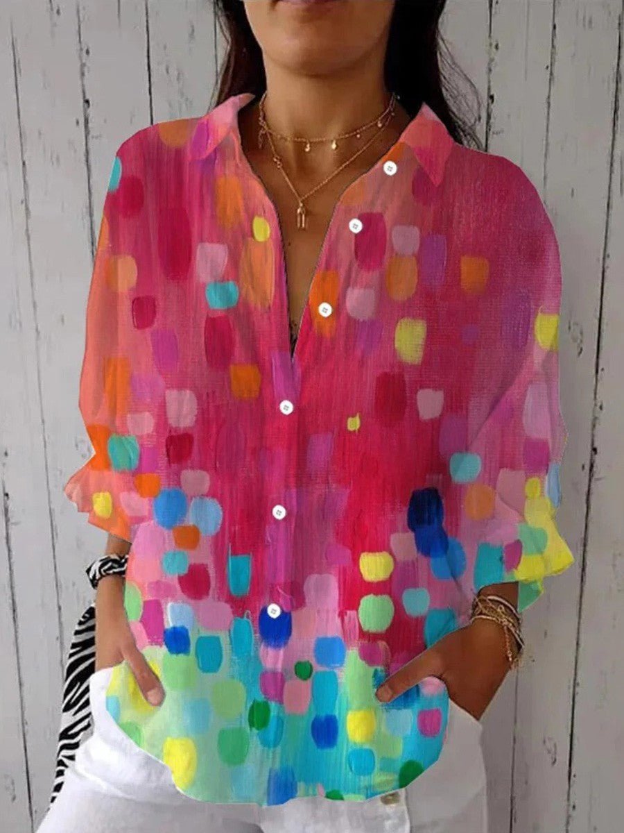 Women’s Button-Down Blouse – Relaxed Fit – Long Sleeve – Breathable Blend – Abstract Print