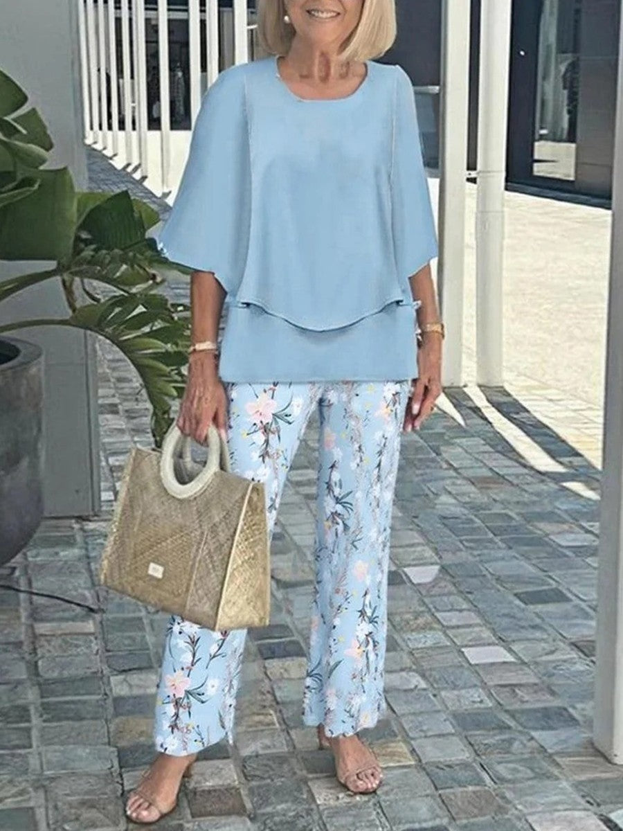 Women’s Two-Piece Set – Relaxed Fit – Layered Top – Floral Print Pants – Breathable Blend