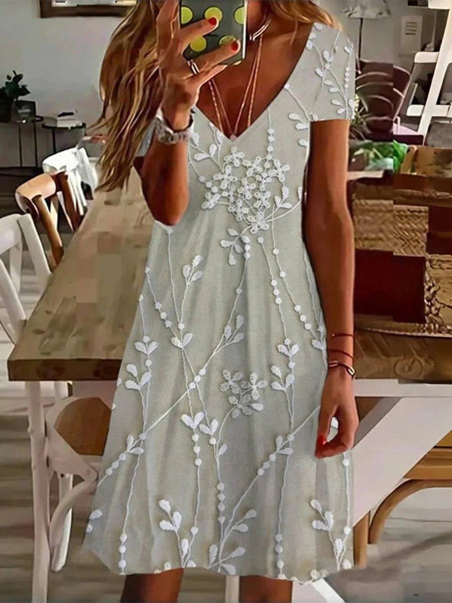 Women’s Mini Dress – V-Neck A-Line – Short Sleeve – Breathable Blend – Leaf Print