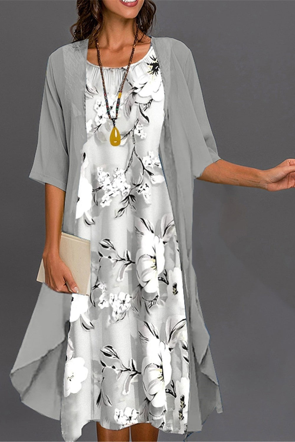 Women’s Midi Dress Set – Relaxed Fit – Floral Print – Sheer Half Sleeve Jacket – Lightweight Fabric