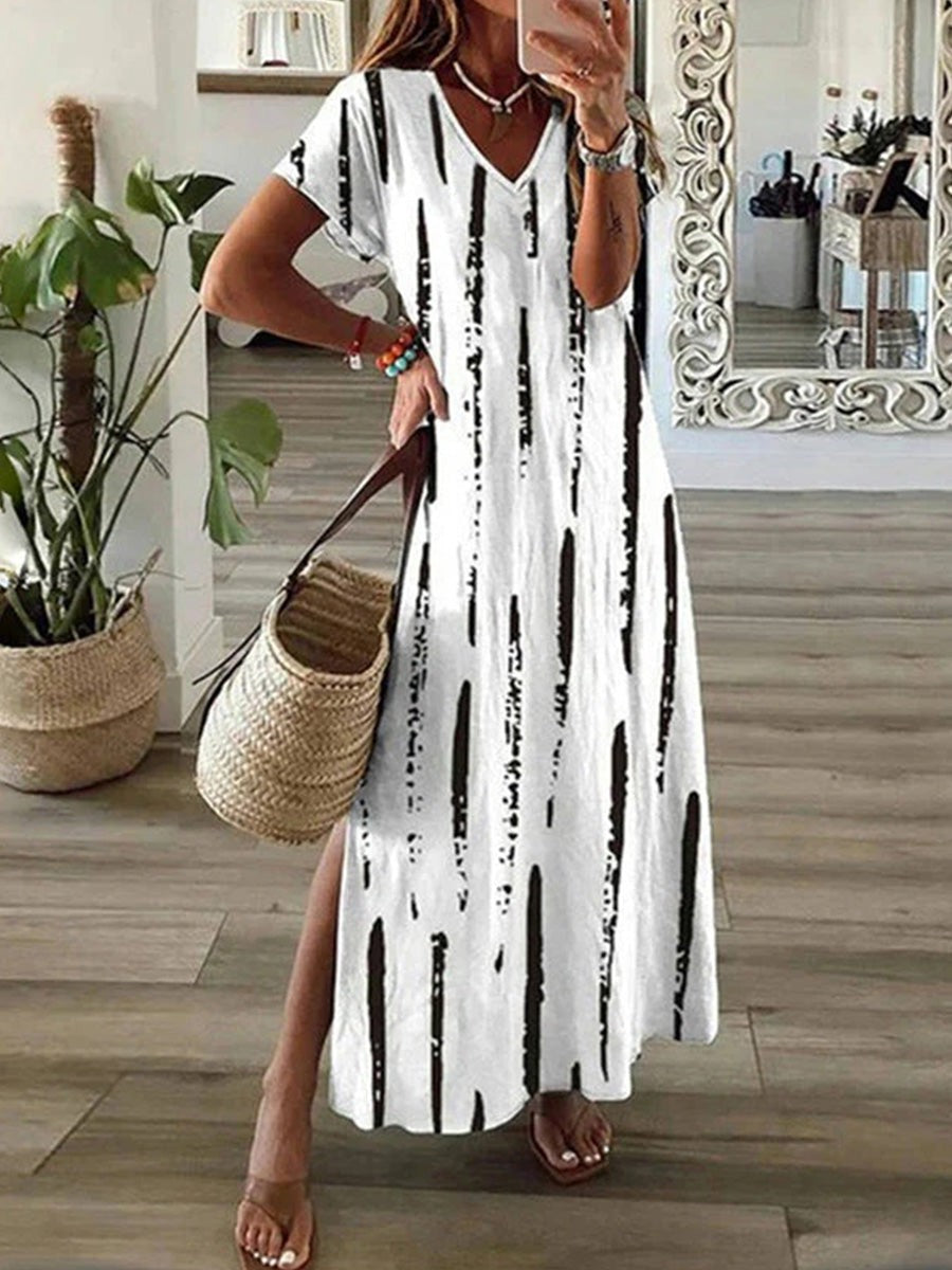 Women’s Maxi Dress – V-Neck – Relaxed Fit – Short Sleeve – Breathable Blend – Striped