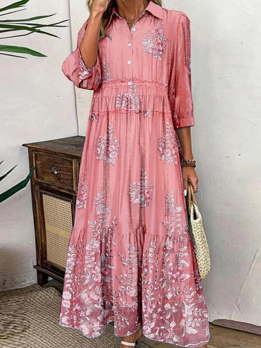 Women’s Maxi Dress – Breathable Blend – A-Line Fit – Tiered – 3/4 Sleeve – Button Front