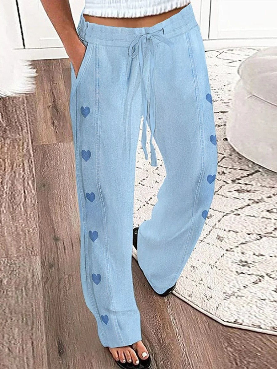 Women’s Wide-Leg Pants – Relaxed Fit – Drawstring Waist – Heart Side Detail – Breathable Blend