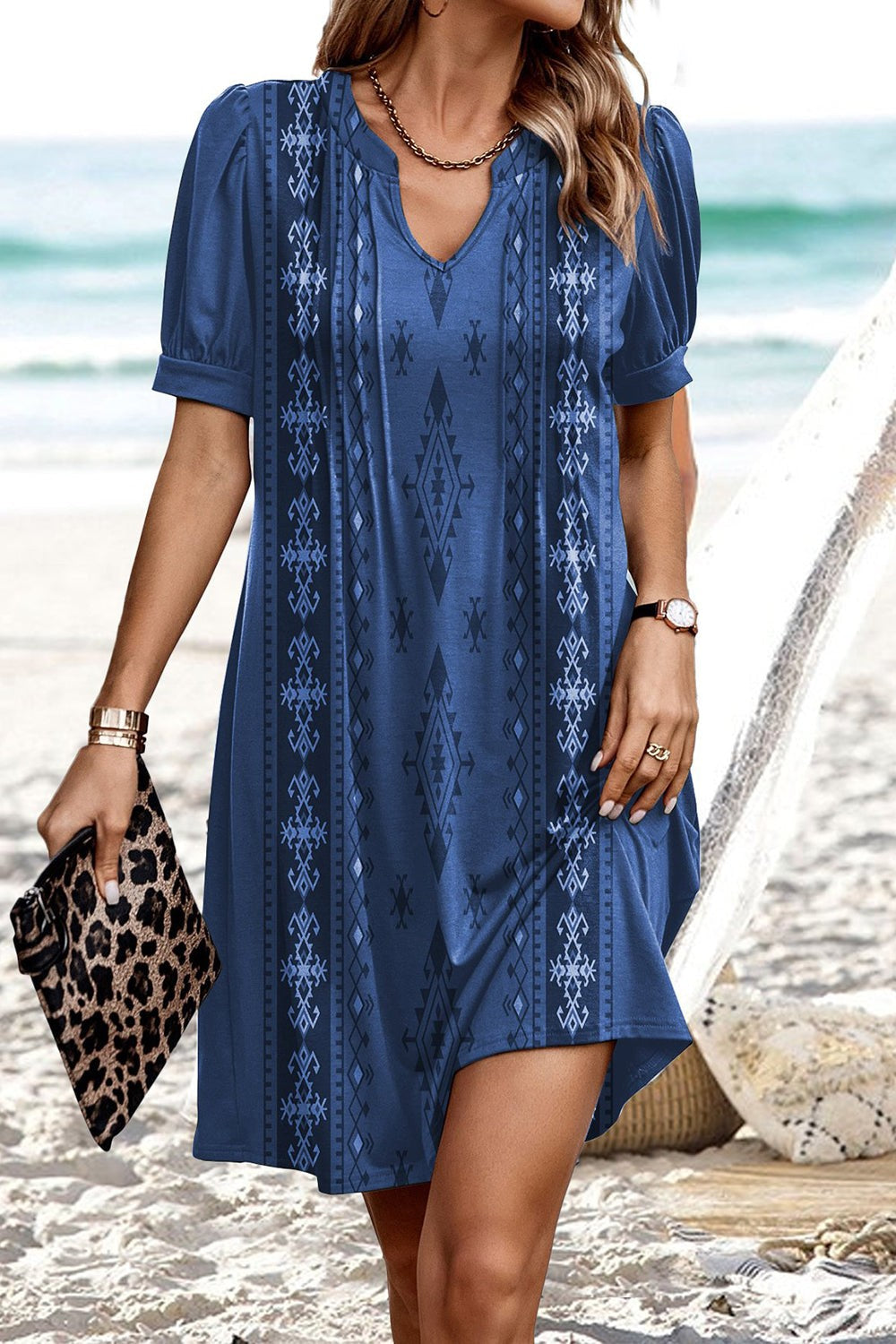 Women’s Mini Dress – Relaxed Fit – V-Neck – Short Sleeve – Geometric Pattern – Breathable Blend