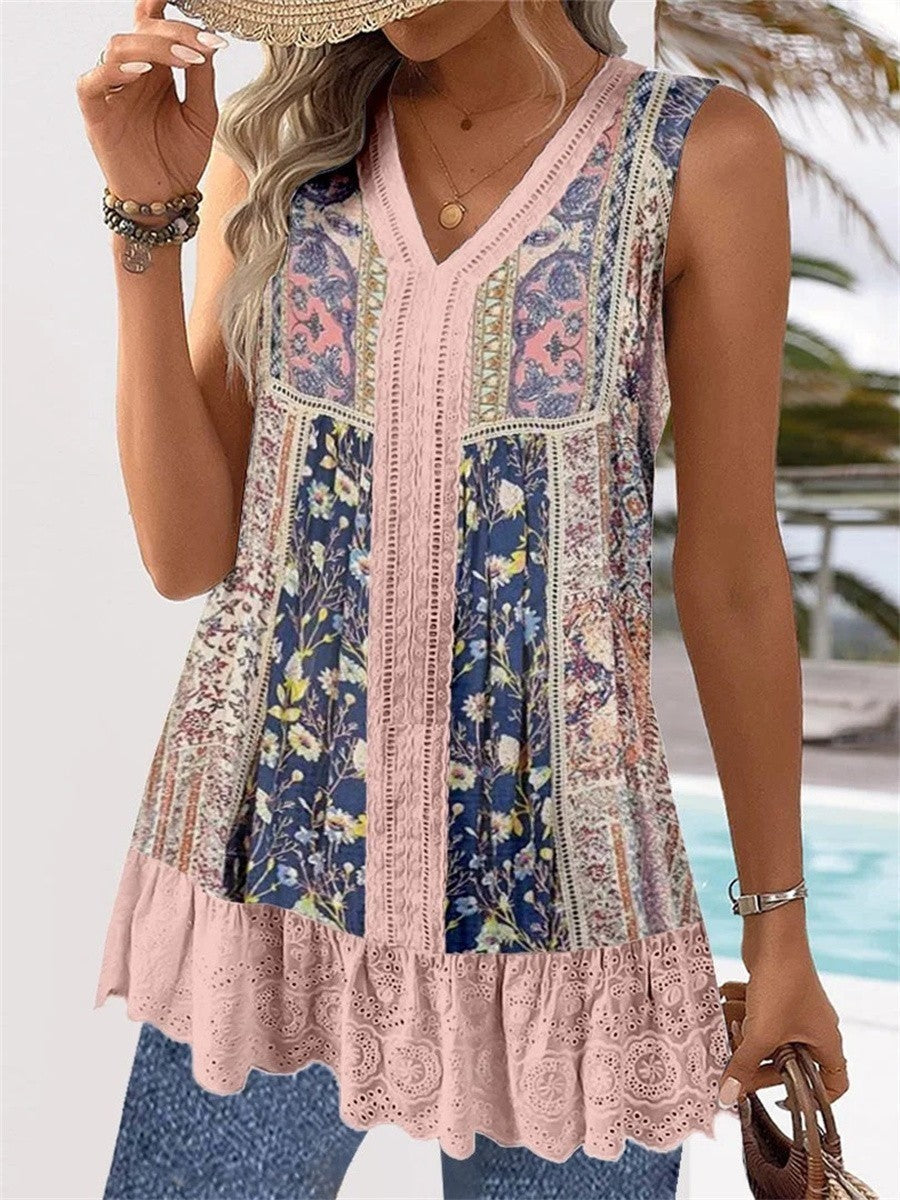 Women’s Sleeveless Top – Relaxed Fit – V-Neck – Embroidered Hem – Breathable Blend
