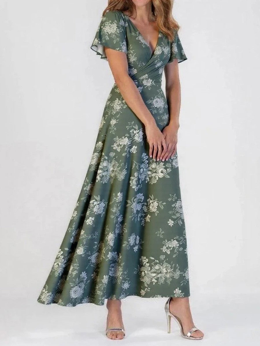 Women’s Maxi Dress - Luxury Fabric - Flowy Fit - V-Neck - Short Sleeve Elegant Style