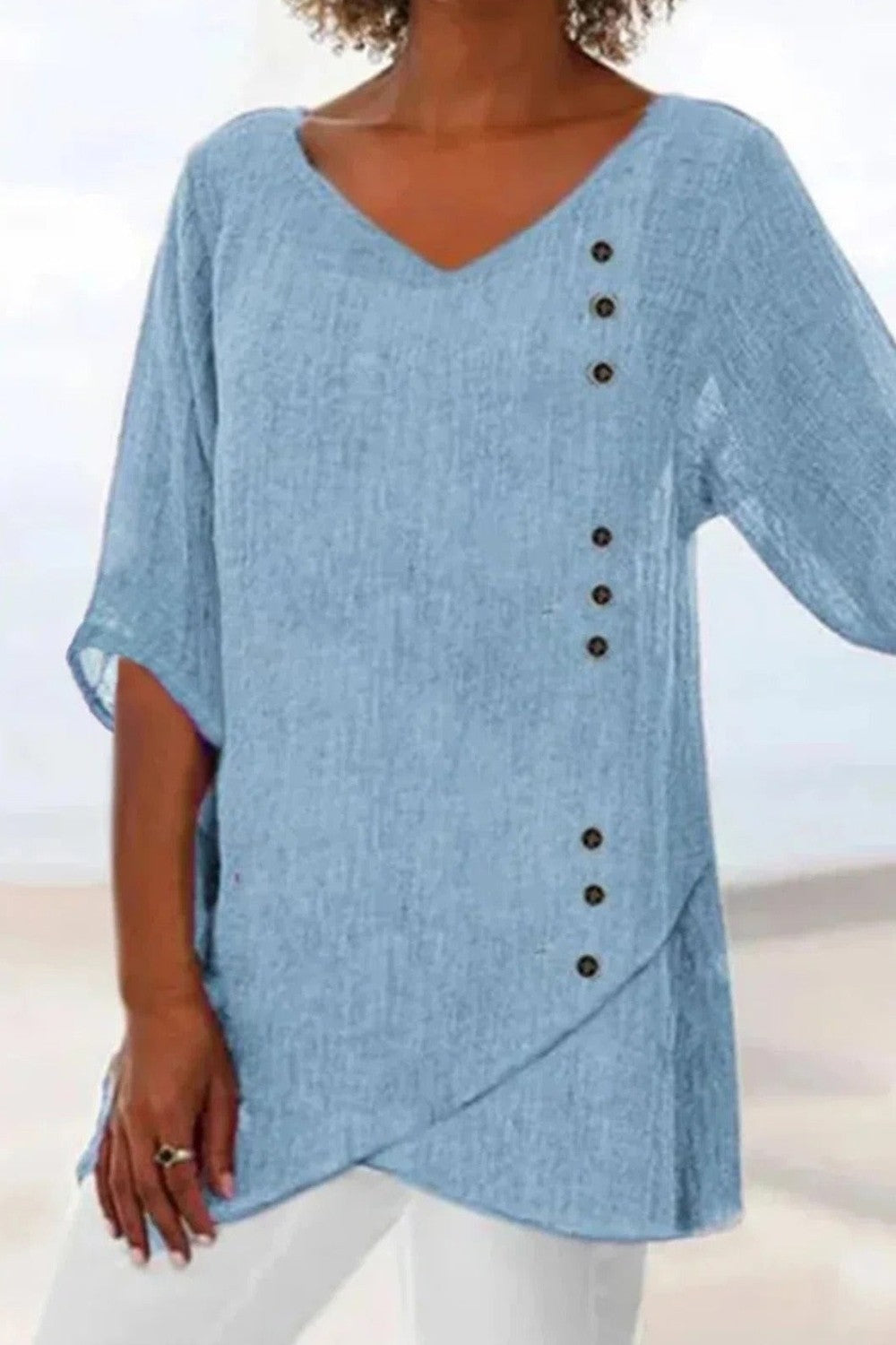 Women’s Blouse - Relaxed Fit - V-Neck - Half Sleeve - Asymmetrical Button Detail