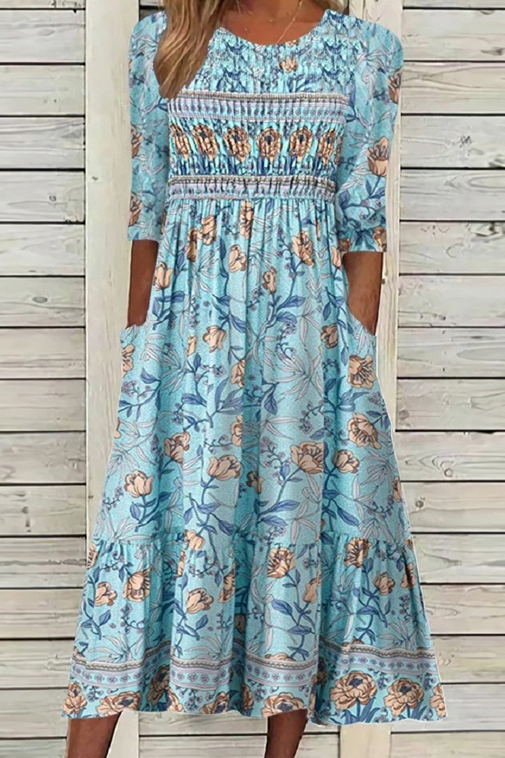 Women’s Midi Dress – Relaxed Fit – Smocked Bodice – Half Sleeve – Breathable Blend