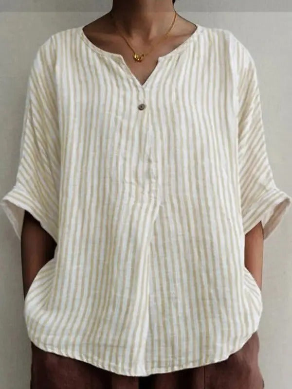 Women’s Blouse – Natural Fibers – Relaxed Fit – Half Sleeve – V-Neck – Stripe Print