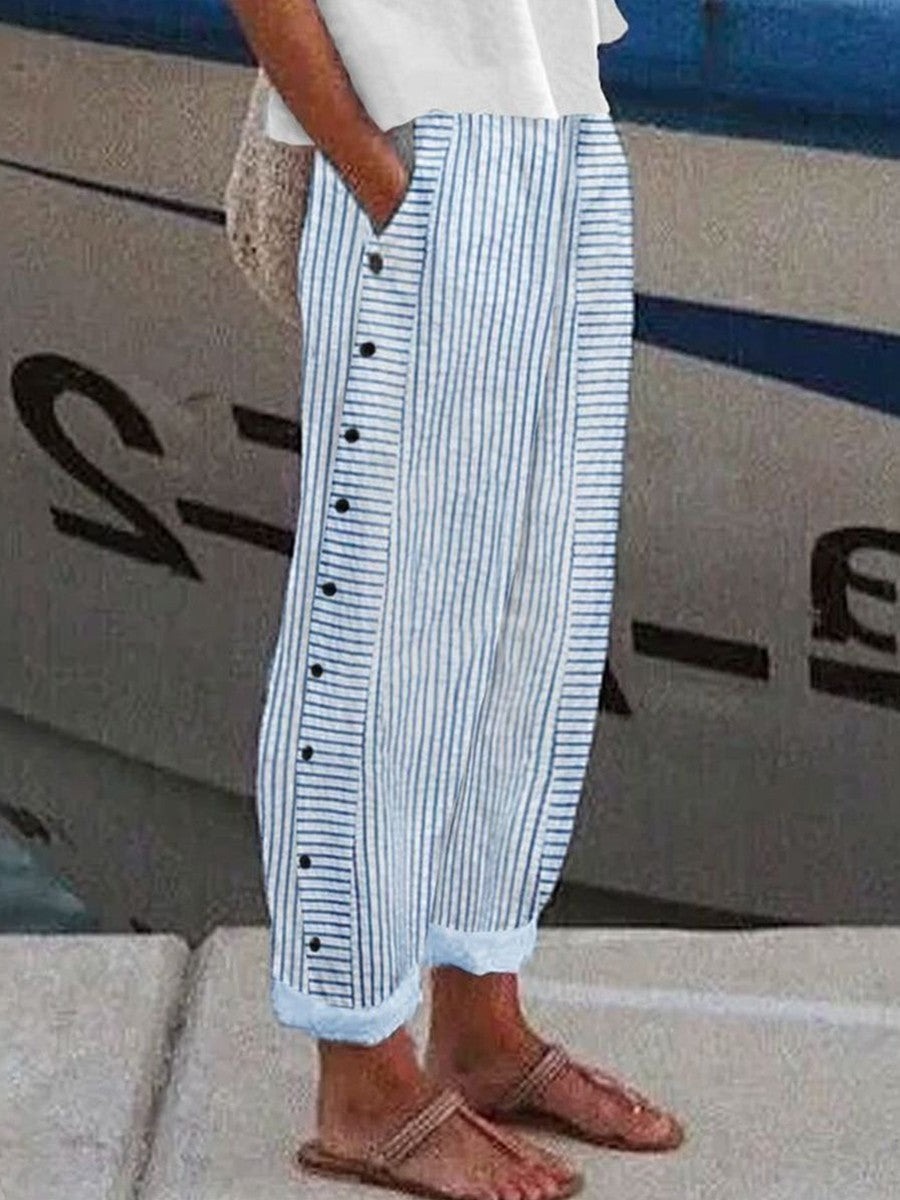Women’s Wide-Leg Pants – Relaxed Fit – Breathable Blend – Striped with Side Button Detail