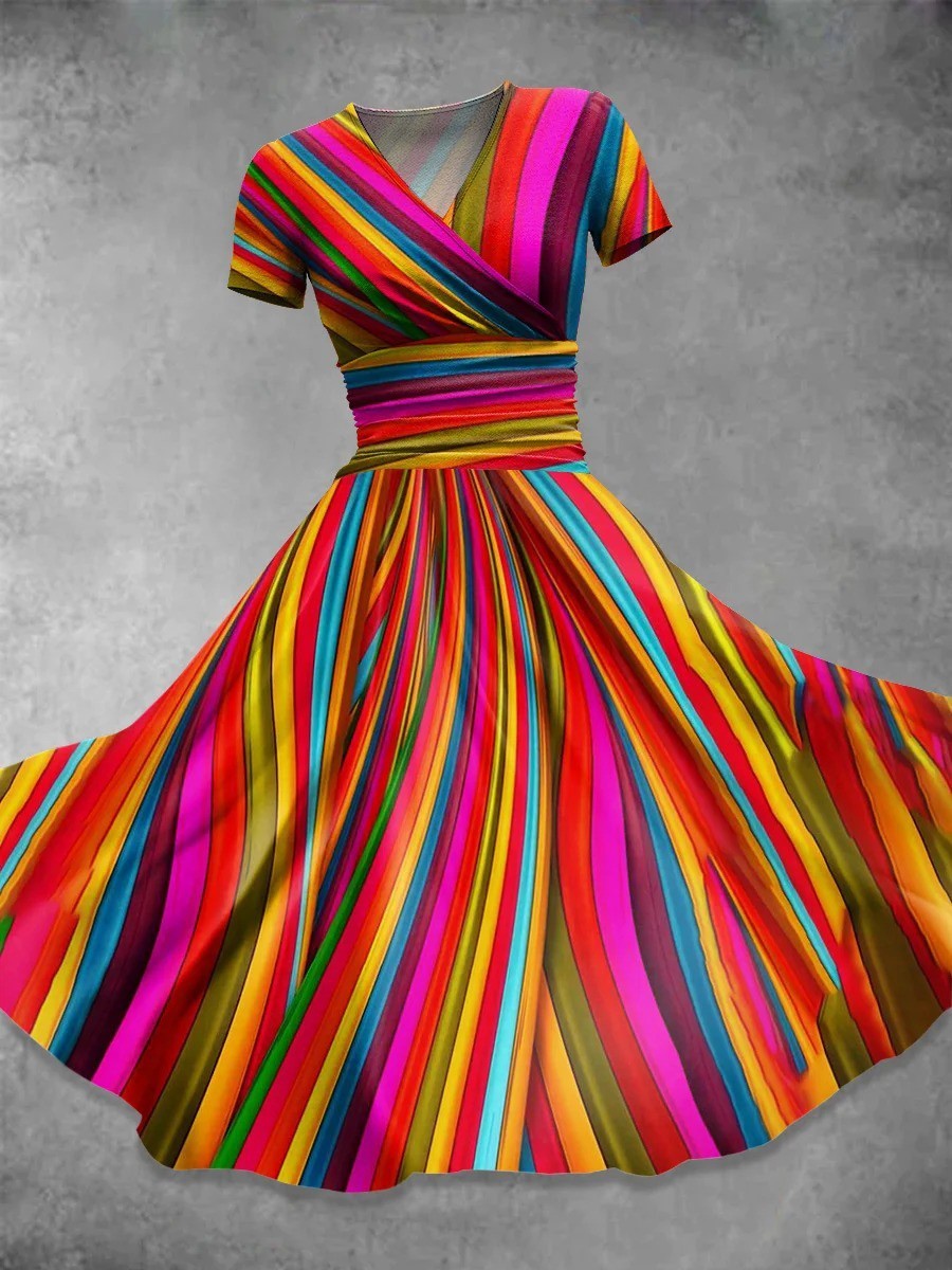 Women’s Casual Dress – V-Neck – Fitted Waist – Short Sleeve – Breathable Blend – Stripe Print
