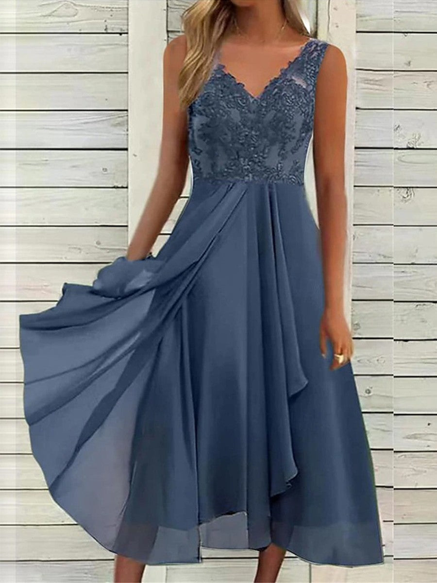 Women’s Midi Dress – V-Neck – A-Line Silhouette – Flowing Luxury Fabric