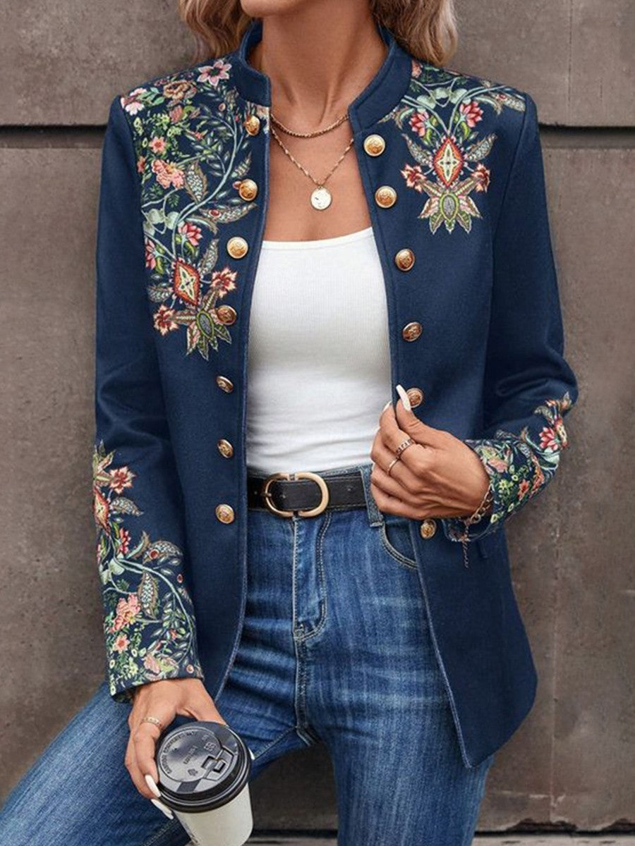 Women’s Collarless Jacket – Tailored Fit – Embroidered Design – Luxury Fabric – Button Front