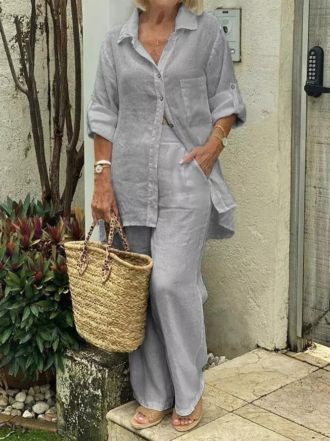 Women’s Two-Piece Set – Natural Fibers – Relaxed Fit – Long Sleeve Top & Full-Length Pants