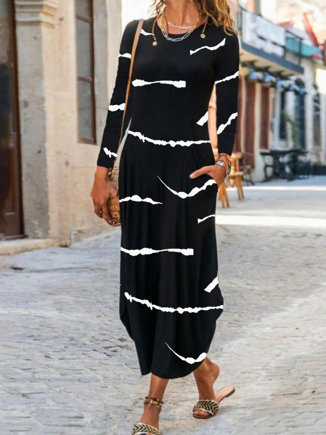 Women’s Maxi Dress – Cotton Blend – H-Line Fit – Crew Neck – Long Sleeve Casual Wear
