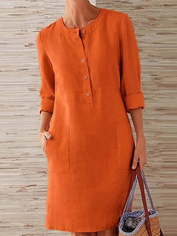Women’s Midi Dress – Relaxed Fit – Crew Neck – Button Front – Long Sleeve – Natural Fibers