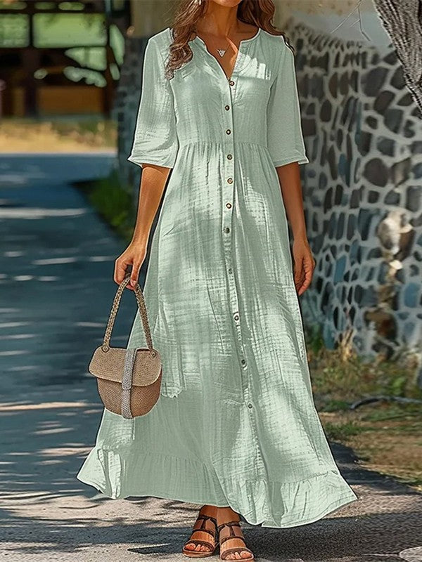 Women’s Maxi Dress – Natural Fibers – Relaxed Fit – Button Front – Flowing Silhouette