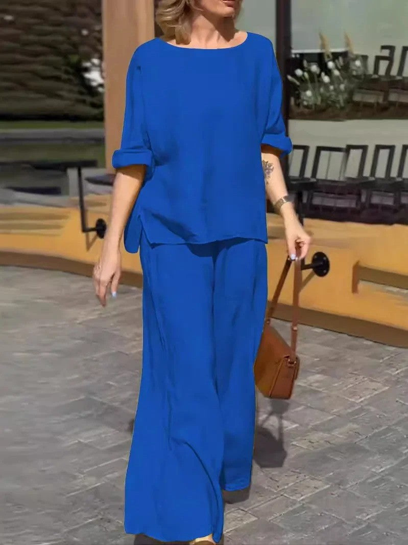 Women’s Two-Piece Set – Relaxed Fit – Half Sleeve Top – High Waist Wide Leg Pants – Breathable Blend