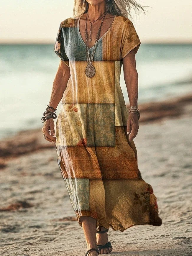 Women’s Maxi Dress – Relaxed Fit – V-Neck – Short Sleeve – Breathable Blend