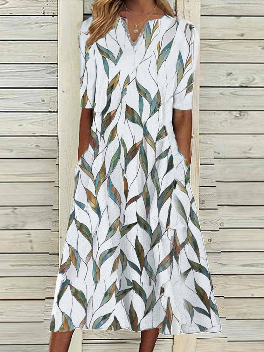 Women’s Midi Dress – V-Neck – Relaxed Fit – Half Sleeve – Breathable Natural Fibers – Pockets