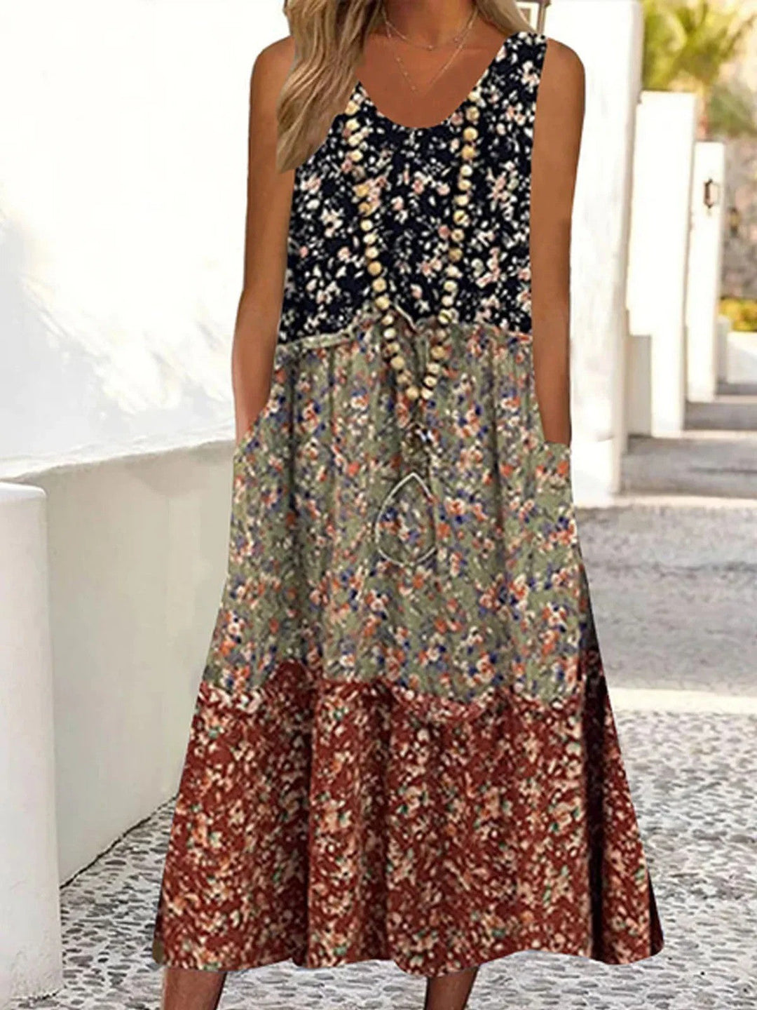 Women’s Casual Dress – A-Line Fit – Sleeveless – V-Neck – Tiered Floral – Breathable Blend