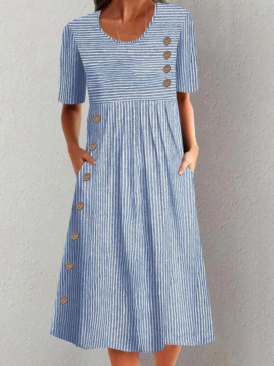 Women’s Midi Dress – Relaxed Fit – Breathable Blend – Short Sleeve – Asymmetrical Button Detail