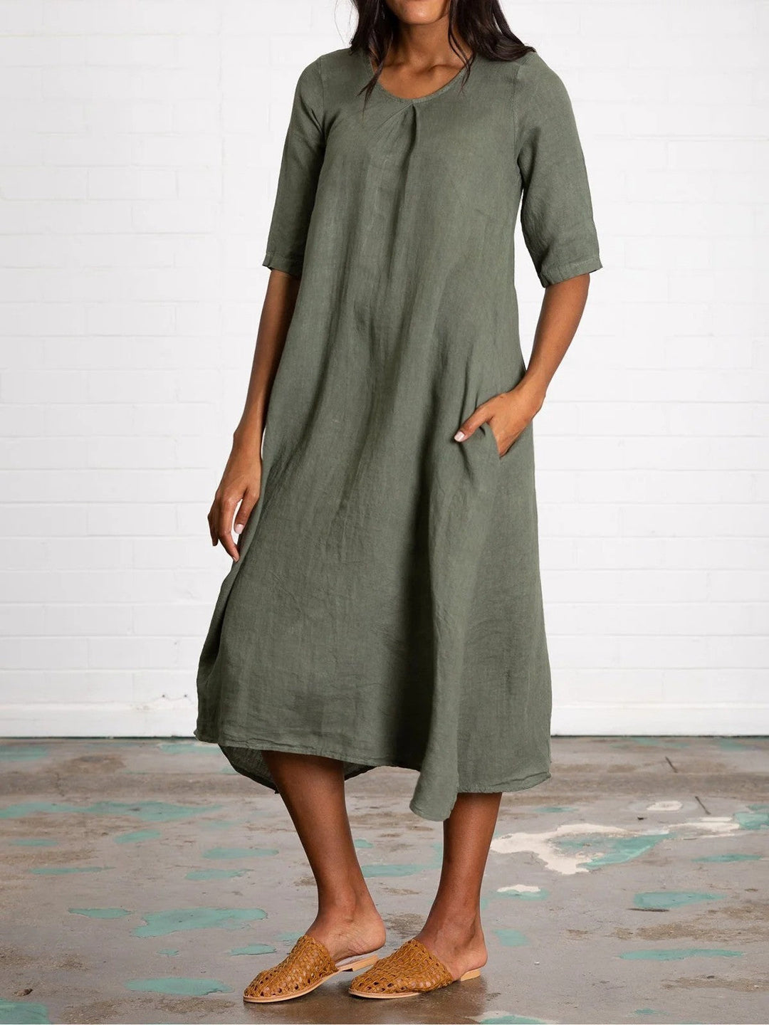 Women’s Midi Dress – Natural Fibers – Relaxed Fit – V-Neck – Half Sleeve – With Pockets