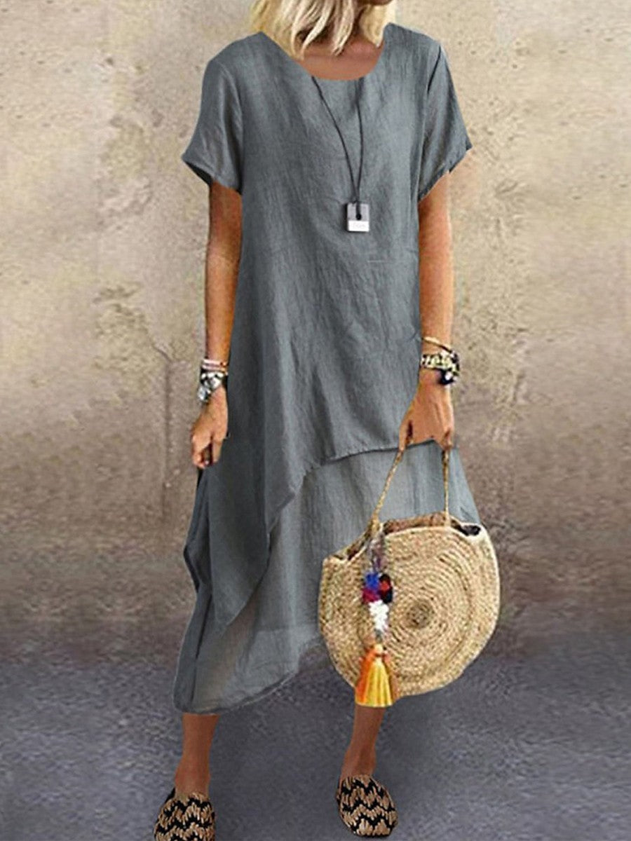 Women’s Midi Dress – Relaxed Fit – Breathable Blend – Short Sleeve – Asymmetrical Hem