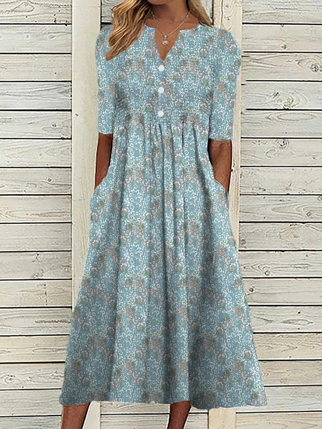 Women’s Midi Dress – V-Neck A-Line – Relaxed Fit – Button Front – Breathable Blend