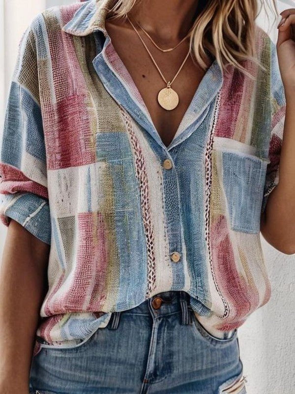 Women’s Blouse – Relaxed Fit – Button Front – Shirt Collar – Breathable Natural Fibers – Patchwork Design