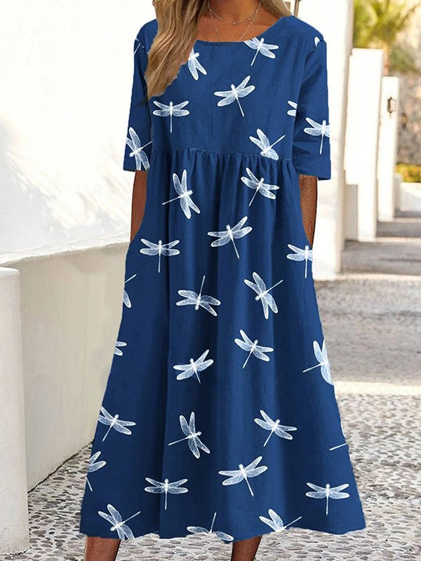 Women’s Casual Dress - A-Line Fit - Short Sleeve - Breathable Blend - Dragonfly Print