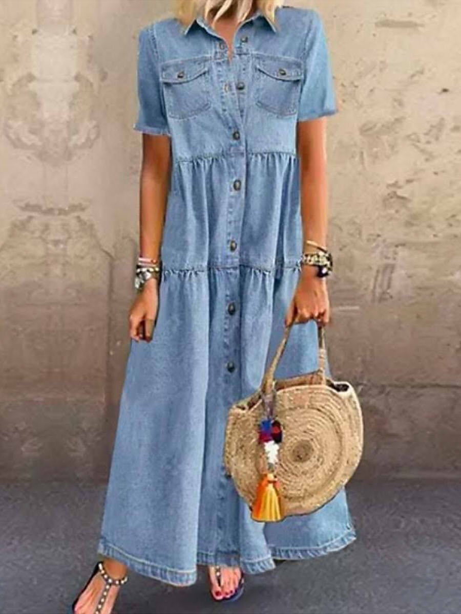 Women’s Maxi Shirt Dress – Relaxed Fit – Button Front – Utility Pockets – Natural Fibers