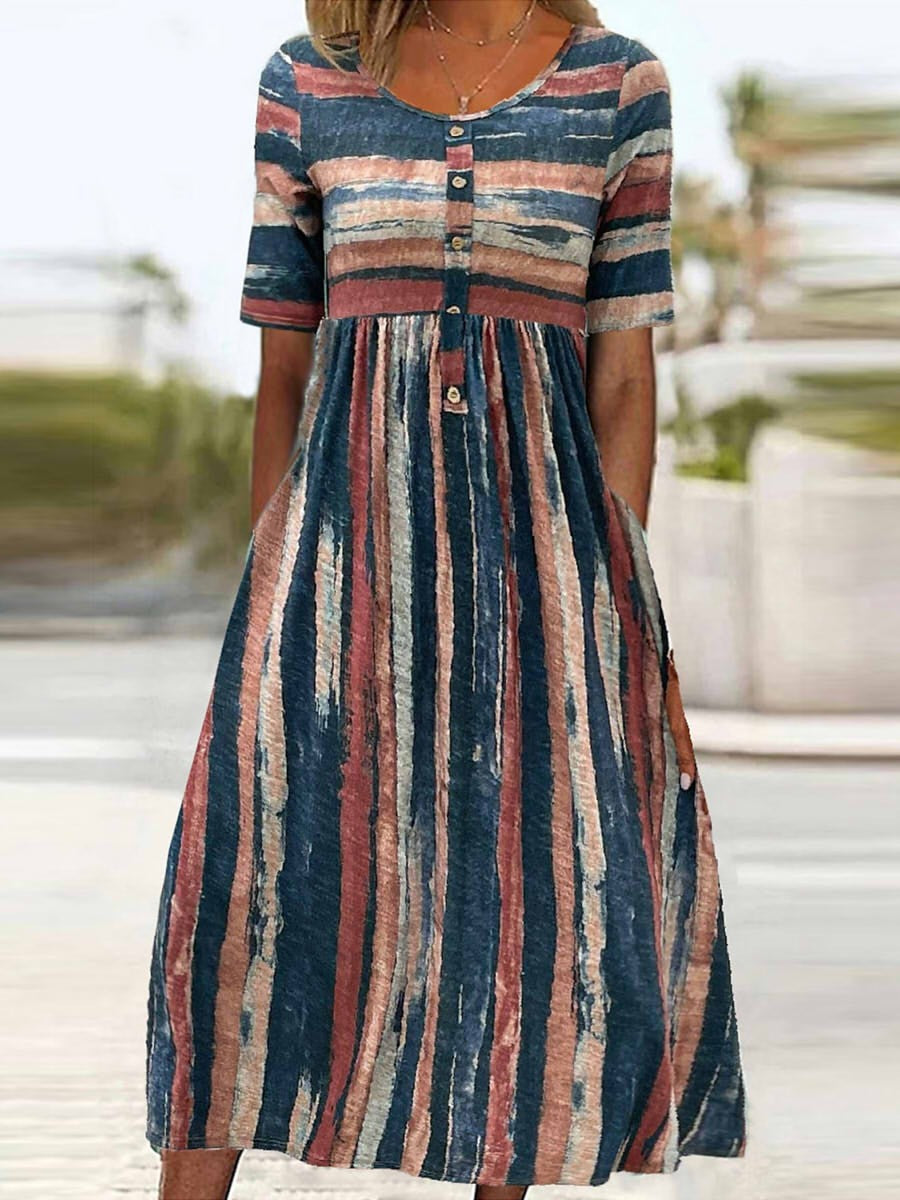 Women’s Midi Dress – Relaxed Fit – Striped Print – Half Sleeve – Breathable Blend