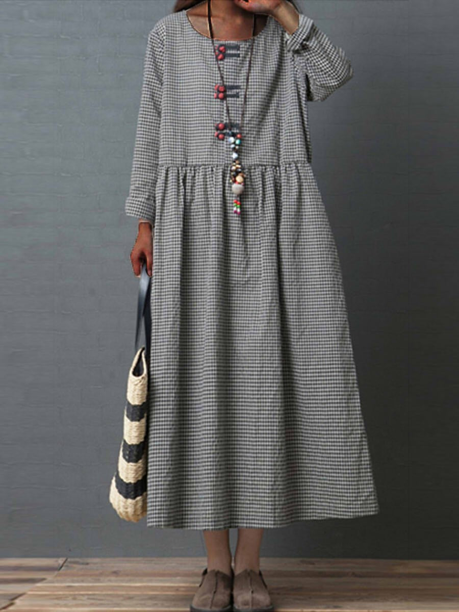 Women’s Maxi Dress – Natural Fibers – Swing Fit – Long Sleeve – Gathered Waist