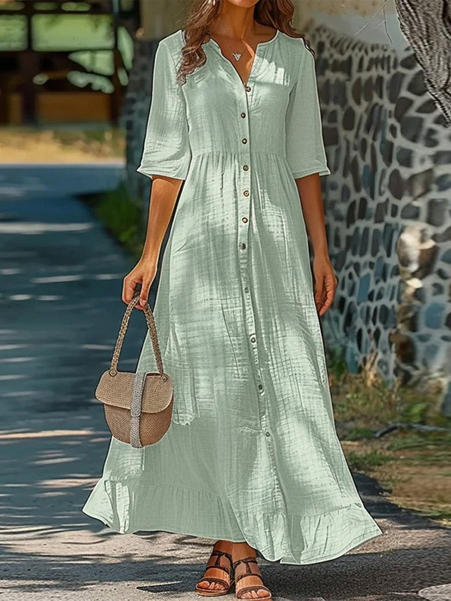 Women’s Midi Dress – Relaxed Fit – V-Neck – Button Front – Half Sleeve – Cotton