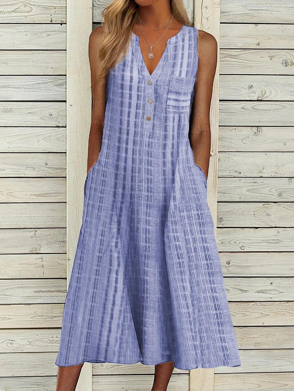 Women’s Sleeveless Dress – Breathable Blend – V-Neck – Button Front – Midi Length – Side Pockets