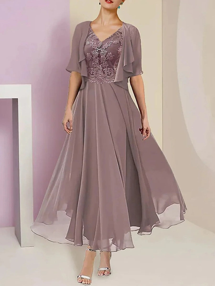 Women’s Evening Gown – Lace Bodice – V-Neck Cap Sleeve – Flowing A-Line Full Length