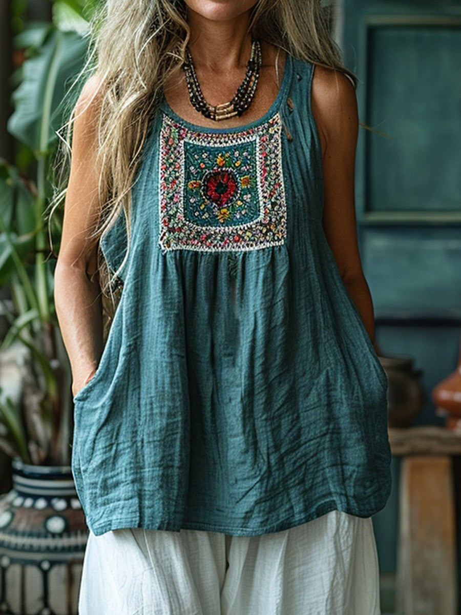 Women’s Sleeveless Top – Natural Fibers – Relaxed Fit – Embroidered Front – Tunic Length