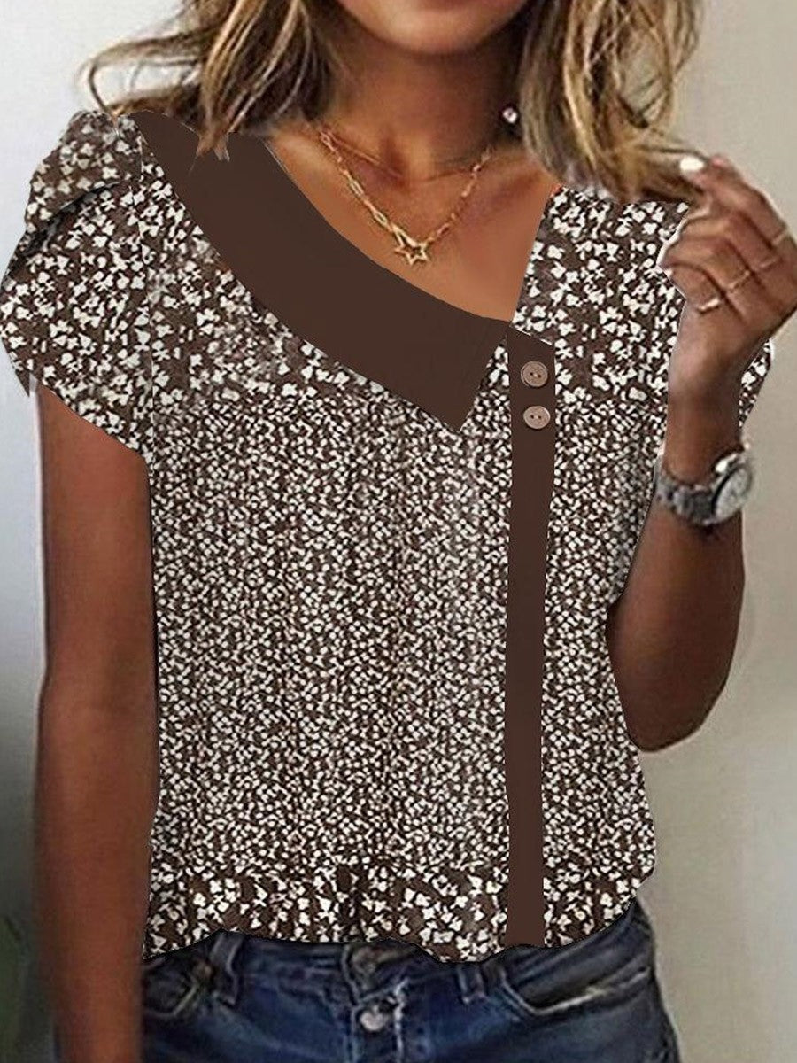 Women’s Short Sleeve Top – Relaxed Fit – Breathable Blend – Round Neck – Floral Print