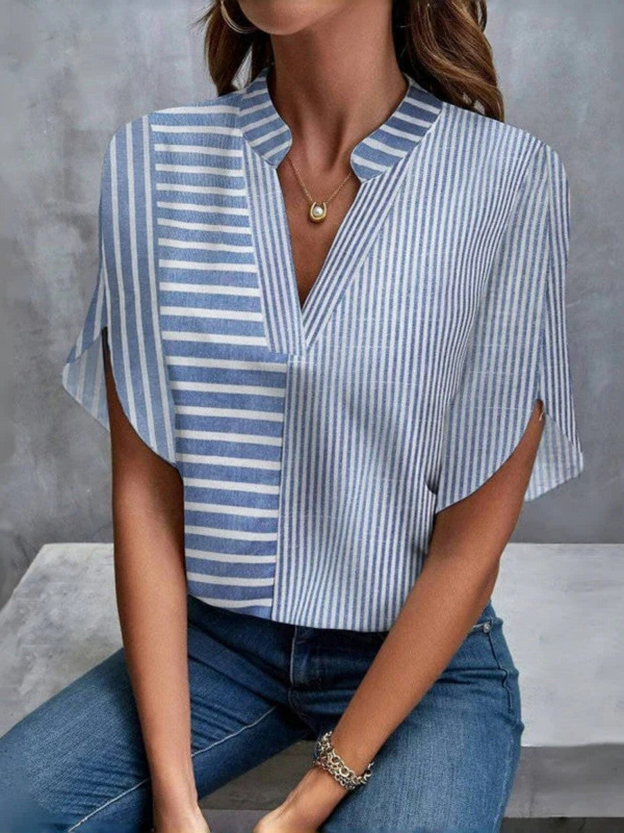 Women’s Blouse – V-Neck – Relaxed Fit – Half Sleeve – Striped – Breathable Blend