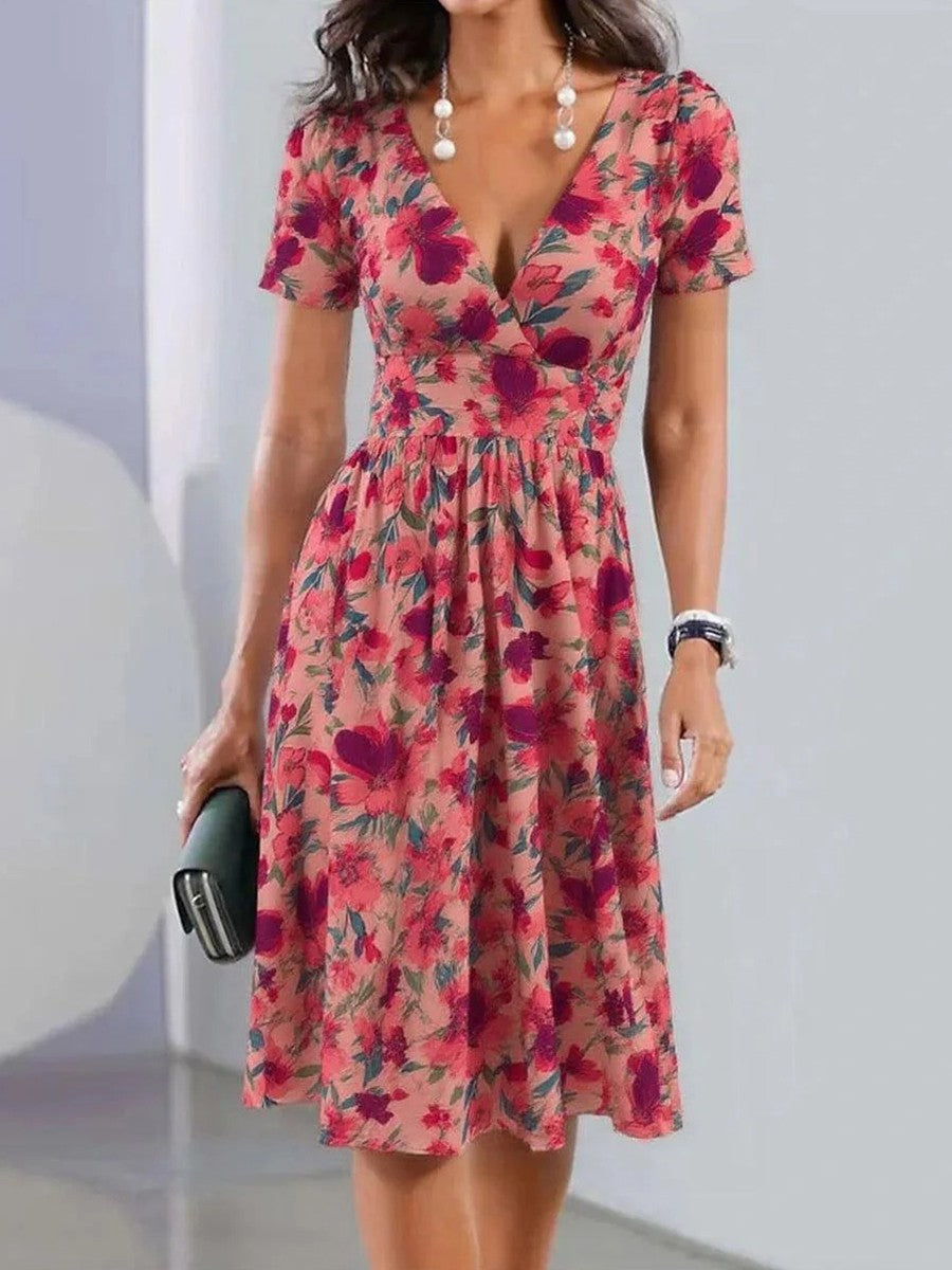 Women’s Midi Dress – A-Line Fit – V-Neck – Cinched Waist – Short Sleeve – Breathable Blend