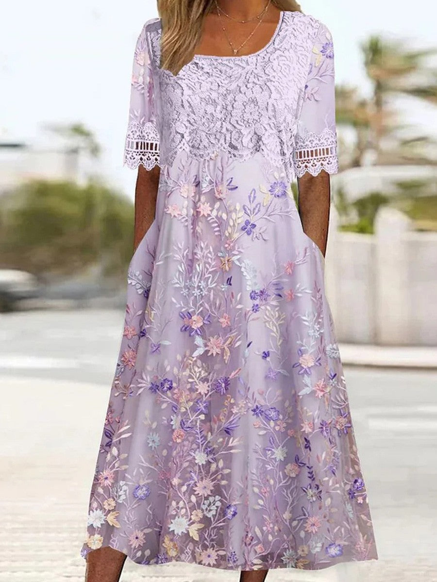 Women’s Midi Dress - Relaxed Fit - Lace Bodice - Floral Embroidery - Side Pockets