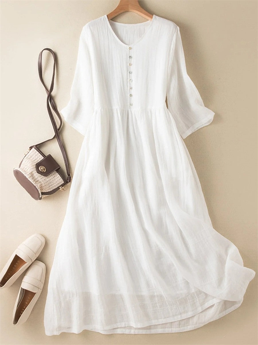 Women’s Midi Dress - Relaxed Fit - V-Neck Button Front - Half Sleeve Breathable Blend