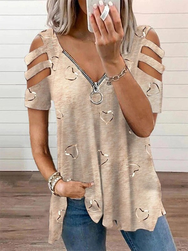 Women’s Blouse – V-Neck – Cut-Out Short Sleeve – Heart Print – Relaxed Fit – Breathable Blend