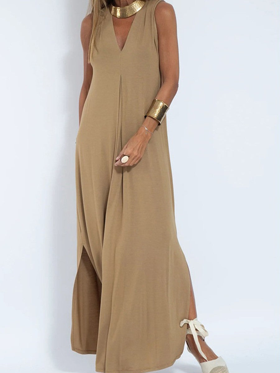 Women’s Sleeveless Dress – V-Neck – Flowing Fit – Ankle Length – Breathable Blend