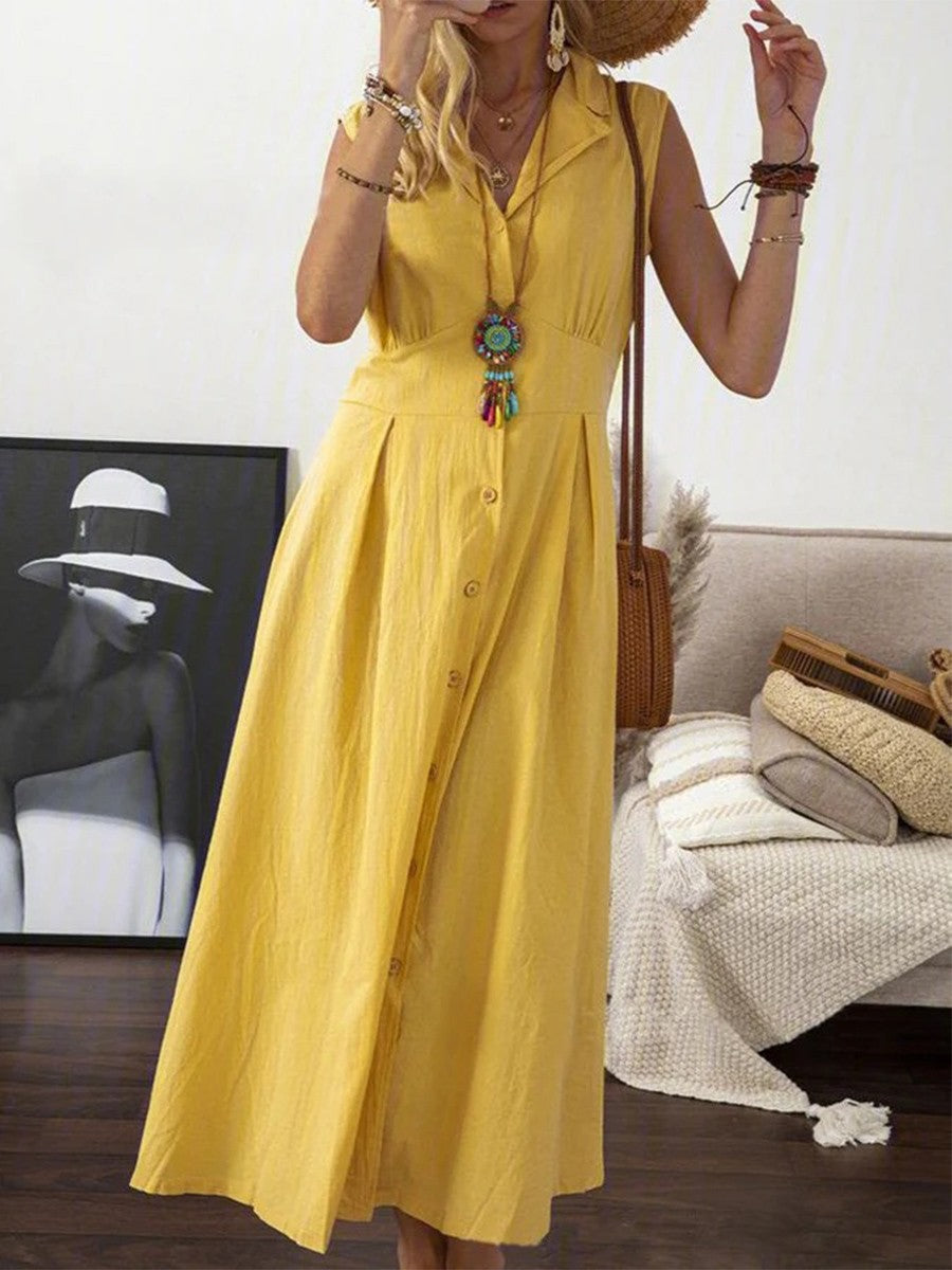 Women’s Sleeveless Dress – Natural Fibers – A-Line Fit – Button Front – Midi Length