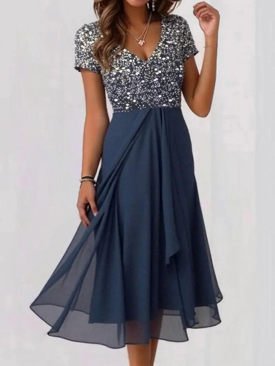 Women’s Midi Dress – Embellished Bodice – V-Neck – Short Sleeve – Flowing A-Line Skirt